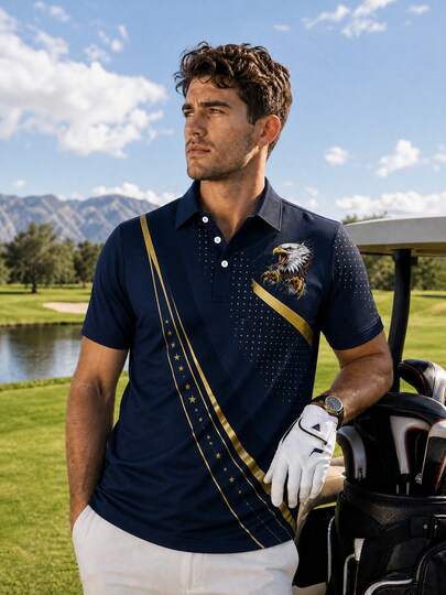 KOVSEE Herren Kurzarm Golf Polohemd, Adler Muster Goldstreifen Stern Muster Umlegekragen Sport Polo Top, Lässiges Sport T-Shirt, Geeignet für Golfplatz und Outdoor Sport