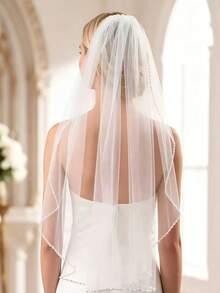 One-Tier Beaded Fingertip Length Veil With Comb, Hand-Sewn Sequins, Crystal And Pearl Edge Wedding Veil - White - View 3