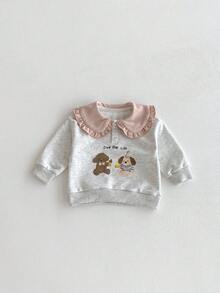 Miniweenns 2件組女嬰春秋套裝 可愛荷葉領卡通熊與小狗印花運動衫 + 粉色慢跑褲，舒適休閒寬鬆兩件套（尺寸偏大） - 彩色 - 查看 9