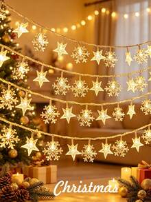 USB Powered LED Star Snowflake Christmas String Lights With Remote Control, 8 Lighting Modes Warm White Snowflake Fairy Lights, Christmas Tree Party Home Bedroom Dorm Indoor Wall Hanging Decorative Lights, Holiday Winter Atmosphere Decoration Lights - Transparent Stars + Snowflakes - View 2