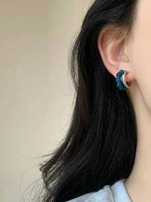 1 Pair Fashion Vintage Royal Blue Beaded Hoop Earrings Suitable For Women's Daily Commute Wear - Silver + Blue - View 5