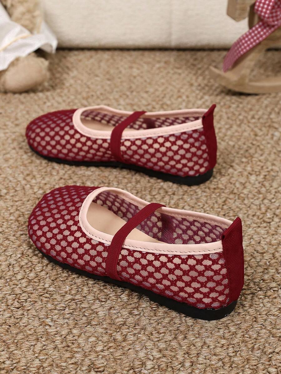 Toddler Spring/Summer Hollow Mesh Mary Jane Shoes, Multi-Color Elastic Strap, Soft Sole Comfortable Baby Girl Indoor/Outdoor Shoes - Red - View 1