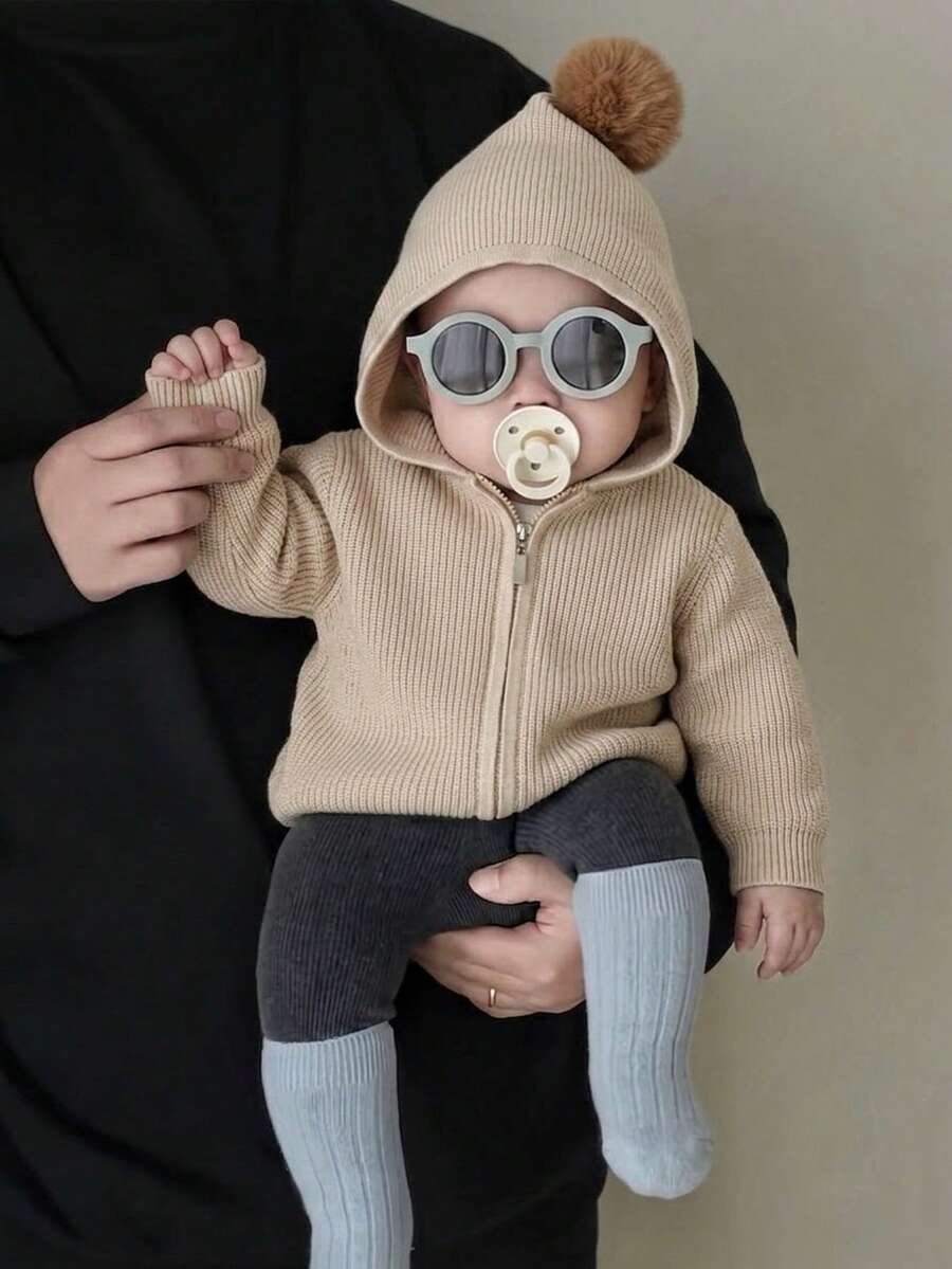 Baby Boy Cute Solid Color Pom Pom Hooded Cardigan Sweater, Long Sleeve Knit, Suitable For Casual Daily Wear In Spring, Autumn And Winter - Brown - View 1