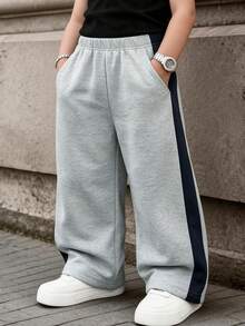 1pc Young BoyRetro American Side Stripe Patchwork Wide Leg Relaxed Fit Draped Casual Long Pants - Light Grey - View 6