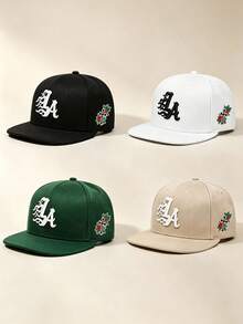 1pc Unisex Flat Brim Baseball Cap, Gothic‑Style LA Embroidery, Rose Cross Print On Side, Hard Crown, Adjustable, For Daily, Street, Party, Travel Wear - Multicolor - View 3