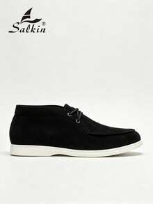 Salkin Fashion Designer Men's Moccasin Solid Color Soft Suede Lace-Up Loafers For Men Ankle Boots Affordable Luxury For Modern Living Ankle Boots Gentleman Business Social Shoes Men's High-Top Boots Daily Office Party Men's Wedding Shoes Couple Dating Romantic Dinner Holiday Gift Back To School Student Casual Shoes Collegiate Style, Please Select Size Up One - Black - View 4
