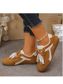 Women's Colorblock Retro German Trainer Shoes, Flat Lace-Up Sneakers, Lightweight Versatile Casual Skate Shoes - Camel - View 2