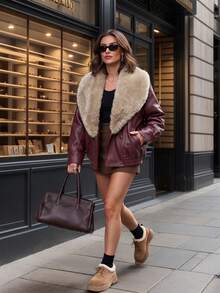 Women's Fashionable Retro Faux Fur Reversible Jacket, Provides Warmth And Comfort, Women's Winter Jacket Vacation - Burgundy - View 2