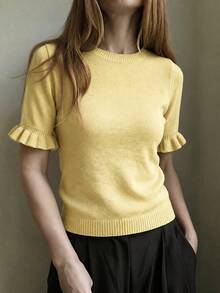 Women's Casual Yellow Round Neck Ruffle Short Sleeve Loose Fit T-Shirt, Spring/Summer Style, Suitable For Dating And Daily Wear - Yellow - View 1
