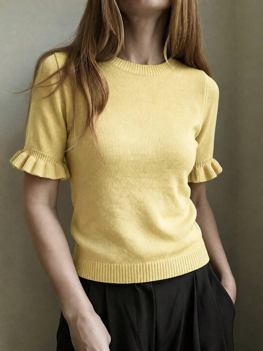 Women's Casual Yellow Round Neck Ruffle Short Sleeve Loose Fit T-Shirt, Spring/Summer Style, Suitable For Dating And Daily Wear - Yellow - View 1
