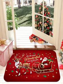 1pc Santa Claus And Reindeer Sleigh Design Doormat, Printed With "This Is The Best Time Of The Year" Text. This Home Christmas Decor Rug, Crystal Velvet Material Machine Washable, Designed As A Rectangular Carpet, Suitable For Winter Use, Home Decor, Christmas Decorative Rug. - Santa Claus - View 4