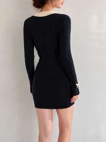 Women's New Knitted Long Sleeve Short Sweater Dress, Contrast Color Collar And Button Detail Design, Perfect For Creating A Slimming Winter Look - Black - View 2