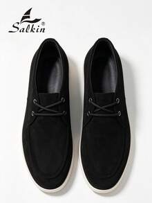 Salkin Fashion Designer Men's Moccasin Solid Color Soft Suede Lace-Up Loafers For Men Ankle Boots Affordable Luxury For Modern Living Ankle Boots Gentleman Business Social Shoes Men's High-Top Boots Daily Office Party Men's Wedding Shoes Couple Dating Romantic Dinner Holiday Gift Back To School Student Casual Shoes Collegiate Style, Please Select Size Up One - Black - View 3