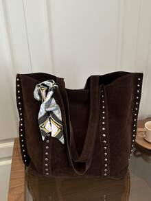 1pc New Solid Color Rivet Silk Scarf Fashion Women's Handbag, Solid Color Suede Patchwork Large Capacity Rivet Shoulder Bag, Minimalist Fashion Versatile Elegant Tote - Coffee Brown - View 8