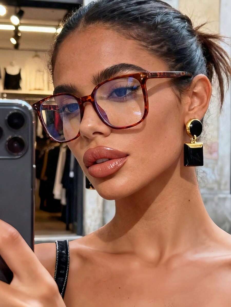 1 Pair Women's Square Leopard Print Classic Versatile Clear Lens Glasses, Suitable For Daily Wear, Outfit Matching, Hiking, Street Photography And More - Leopard Print Flat - View 1