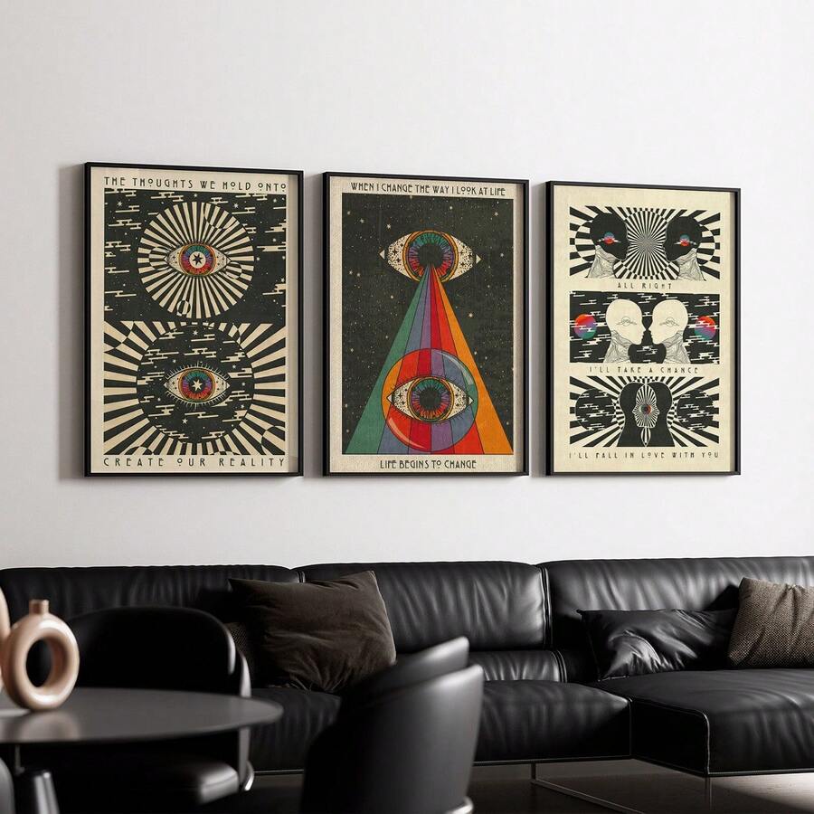 Set Of 3 Unframed Retro Hippie Canvas Wall Art, 70s Eye Posters, Meditation And Spiritual Pop Art Prints For Living Room, Waterproof Rolled Canvas - A - View 1