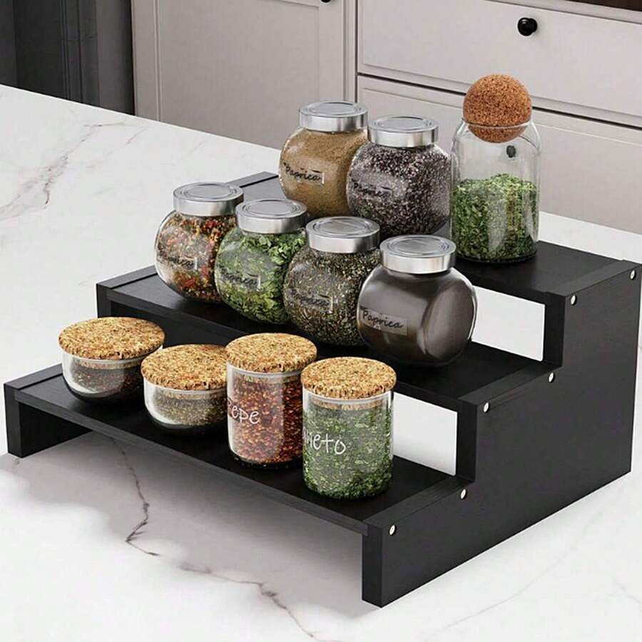 1pc Bamboo Spice Rack, Suitable For Cabinets, 3-Tier Stepped Countertop Spice Rack, Kitchen Storage Organizer - Back To School, Kitchen Utensil Storage, Room Decor, Suitable For Kitchen, Dining Room, Party, Camping, Gathering, Great Gift For Friends And Family - Multicolor - View 1