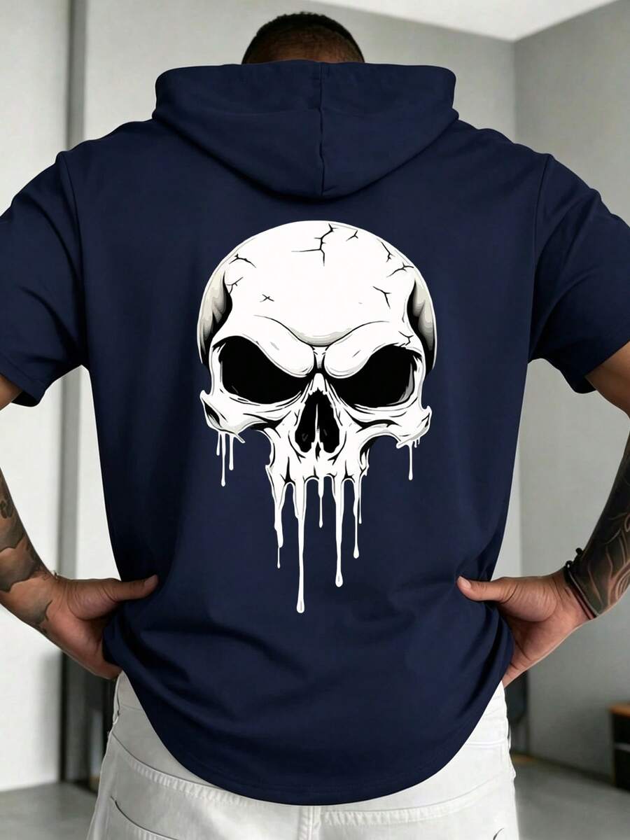 ZYNTH BALENO Men's Summer Fashion Ghost Face Print Hooded Short Sleeve T-Shirt, Suitable For Gym, Outdoor Sports - Navy Blue - View 1