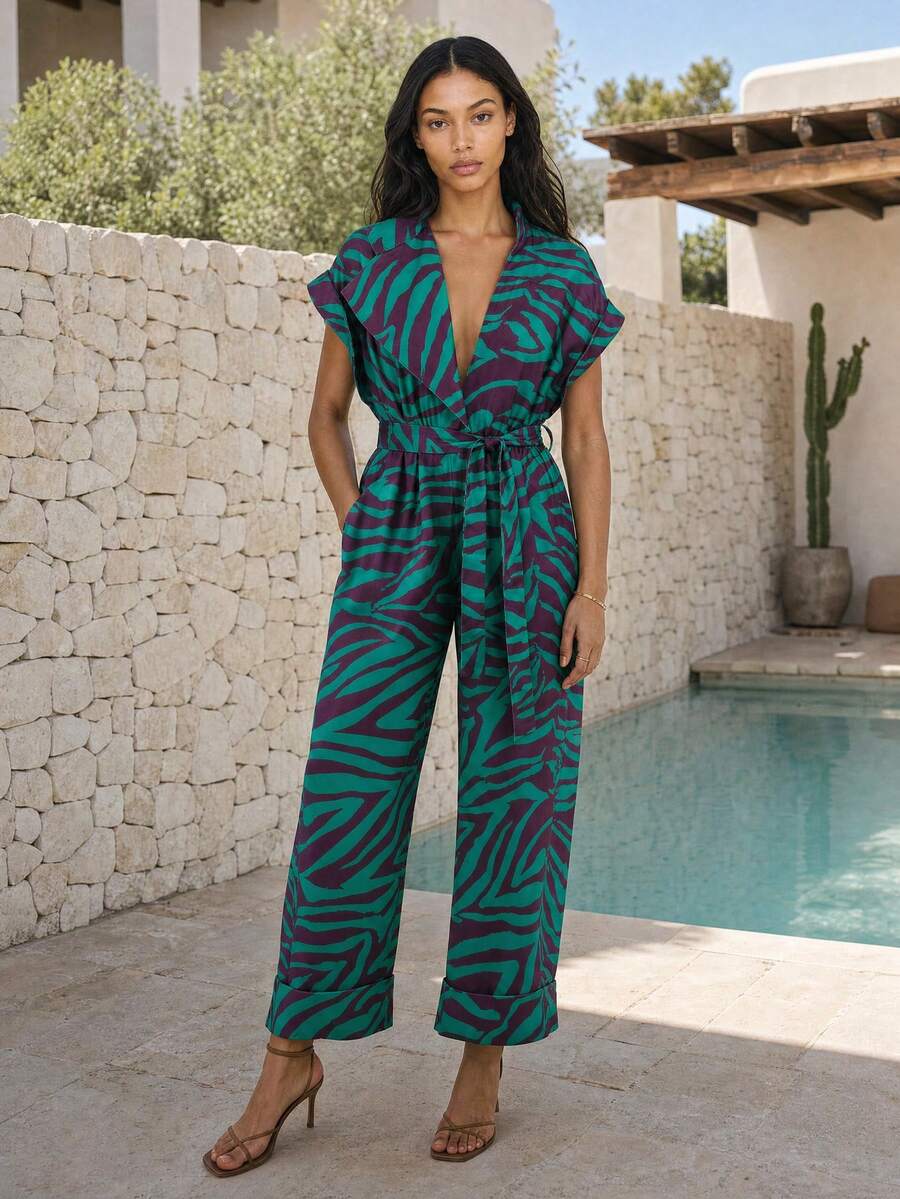 Dancing Leopard Green And Purple Animal Print Belted Jumpsuit, Holiday/Vacation Wear - Multicolor - View 1