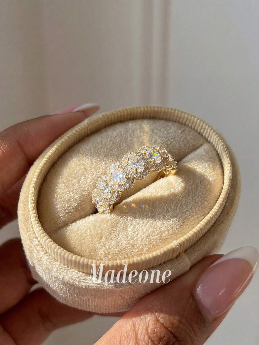 MADEONE 1件女款閃亮鋯石橢圓光環半永恆戒指,訂婚婚禮派對日常佩戴週年紀念珠寶禮物 - 半圓橢圓形戒指 - 查看 1
