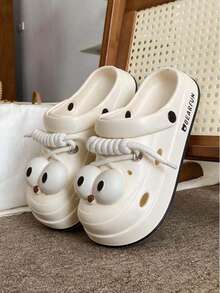 1 Pair Cartoon Eyes Patterned Fashionable Party Casual Cute Hollow Breathable Slip On Shoes For Women, Suitable For Summer, Party, Office And Home - White - View 2