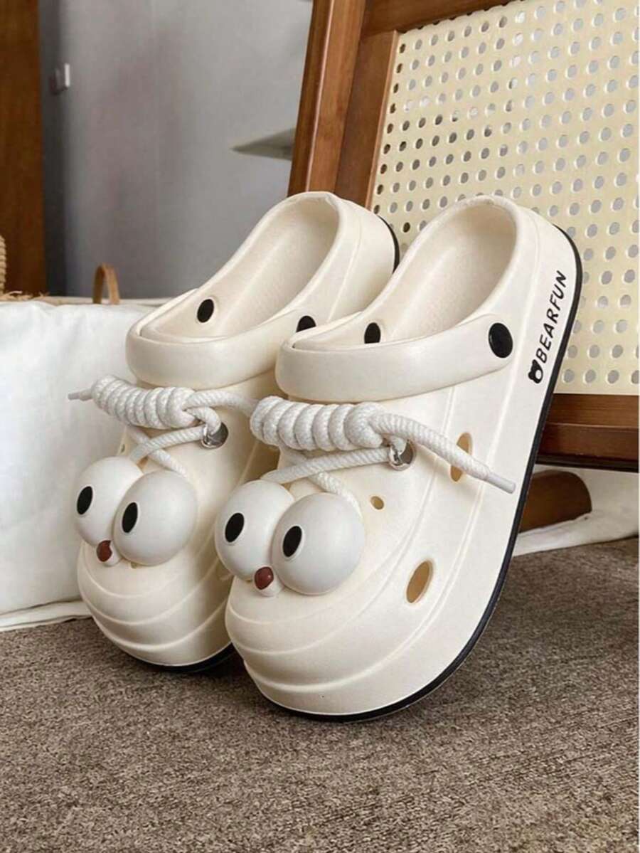 1 Pair Cartoon Eyes Patterned Fashionable Party Casual Cute Hollow Breathable Slip On Shoes For Women, Suitable For Summer, Party, Office And Home