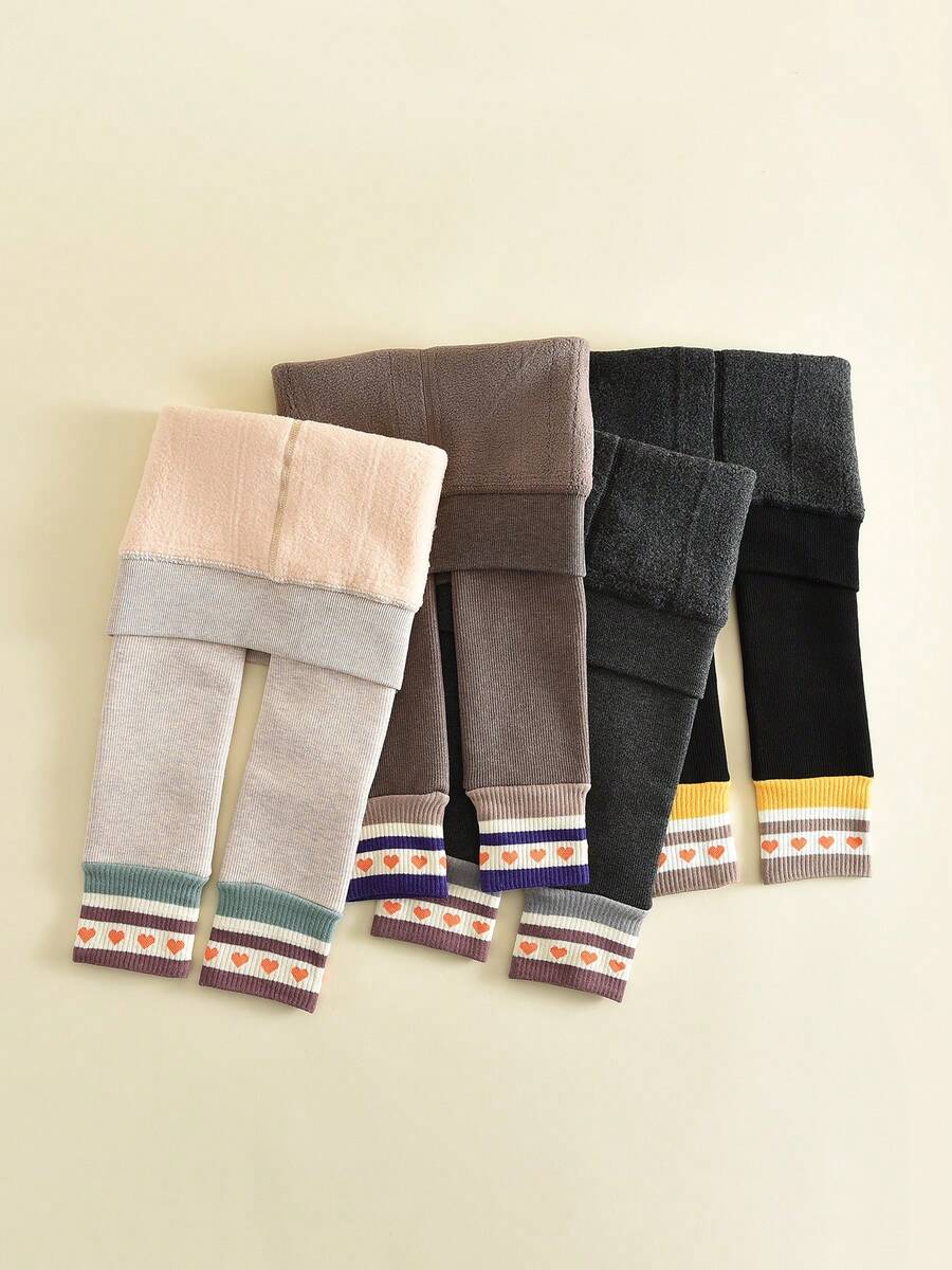 2pcs Thickened Baby Leggings With Heart Pattern, Children's Tights, Long Pants, Warm And Comfortable, Girls' Tights, Autumn/Winter - Multicolor - View 1