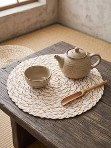 1/2/4/6/12pcs Cream White With Gold Line Accents Placemats, Elegant Style, Linen Material, Round Wavy Edge And Gold Embroidery Detail, Stain-Resistant Tabletop Protection And Decorative Function, Suitable For Daily Breakfast And Exquisite Table Setting - White - View 6