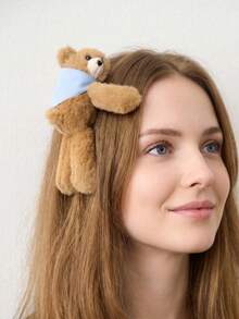 1pc/2pcs Cute Plush Bear Hair Clip, High-End 3D Fuzzy BB Clip, Side Bangs Clip, Top Hair Accessory, Suitable For Daily Wear And Party - Brown - View 9