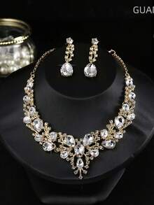 2pcs/set Women's Exaggerated Bridal Wedding Dress Evening Party Jewelry Set Including Necklace And Earrings - Navy Blue - View 5