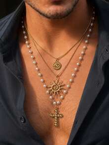 3pcs/Set Autumn Gothic Style Layered Necklace, Pearl Sun Evil Eye Cross Pendant, Back To School Party Men's Gift Neck Accessory - Gold - View 9
