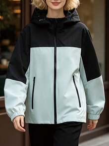 Women's Spring/Autumn Casual Outdoor Lightweight Zip-Up Hooded Colorblock Jacket - Light Grey - View 1
