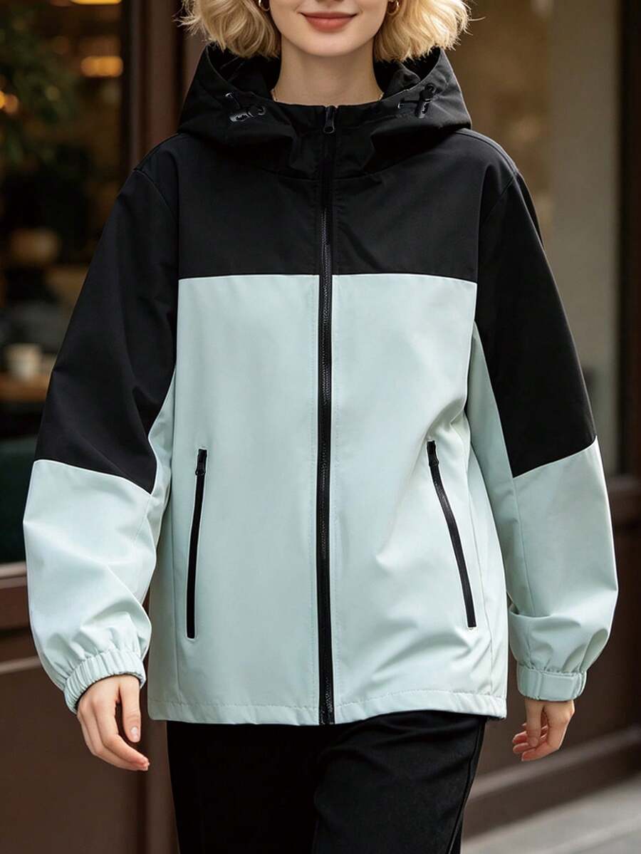 Women's Spring/Autumn Casual Outdoor Lightweight Zip-Up Hooded Colorblock Jacket - Light Grey - View 1
