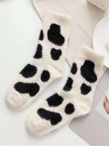 2 Pairs Cute Cow Pattern Plush Round Neck Fluffy Socks, Thick Warm Coral Fleece Socks, Soft And Comfortable, Suitable For Daily Wear, Holiday, Winter Home Warmth, Warm And Caring - Multicolor - View 9