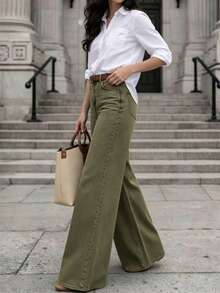 Women's Olive Green Wide Leg Denim Jeans Casual High Waist Long Pants With Pockets, Medium Stretch, Suitable For Autumn Winter Spring Outfits - Green - View 5