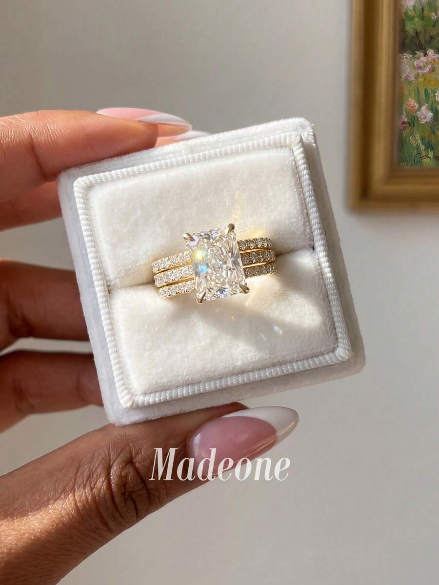 MADEONE قطعة واحدة خاتم مربع فاخر للنساء، بأسلوب الوعد الساحر، هدية مجوهرات مناسبة للمواعدة والزفاف والخطوبة ومناسبات الذكرى السنوية - الذهبي - مشاهدة 1