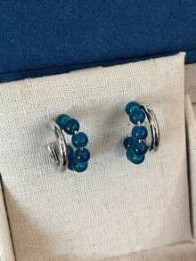 1 Pair Fashion Vintage Royal Blue Beaded Hoop Earrings Suitable For Women's Daily Commute Wear - Silver + Blue - View 8