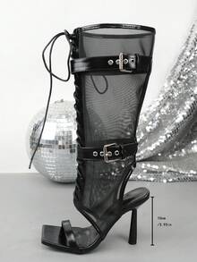女款優雅高跟網格綁帶通勤時尚涼鞋 - 黑色 - 查看 3