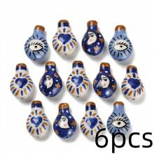 6pcs Hand-Painted Ceramic Beads - Mixed "Evil Eye", Heart And Moon Patterns, Vertical Hole Decorative Beads; Suitable For DIY Bracelets, Necklaces And Bohemian Style Jewelry Making. - Color Mixing - View 6