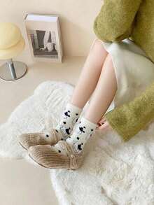 2 Pairs Cute Cow Pattern Plush Round Neck Fluffy Socks, Thick Warm Coral Fleece Socks, Soft And Comfortable, Suitable For Daily Wear, Holiday, Winter Home Warmth, Warm And Caring - Multicolor - View 5