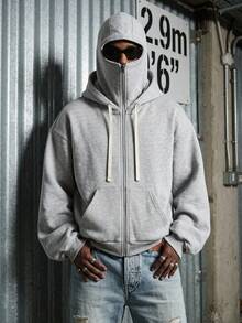 1 buah Sweatshirt Berkerudung dengan Resleting Penuh, Desain Tudung Ganda, Potongan Bahu Longgar dengan Saku Kanguru, Gaya High Street, Cocok untuk Streetwear, Perjalanan Sehari-hari, Sweatshirt Pria Musim Semi/Gugur, Hadiah untuk Pacar - Light Grey - View 4