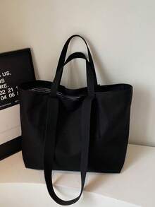 Tote Bag, Minimalist And Elegant Open-Top Design, Dual Wide Strap To Distribute Weight, Comfortable Shoulder Carry. Organized Interior Layout With Ample Storage Space To Accommodate Various Personal Items, Clean And Simple Silhouette, Suitable For Daily Outings, Commuting, And Shopping, Creating A Casual And Elegant Outfit Look. - Black - View 3