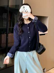 Women's Autumn/Winter Patchwork Plaid Knit Cardigan, Round Neck Long Sleeve Cardigan Top - Navy Blue - View 4