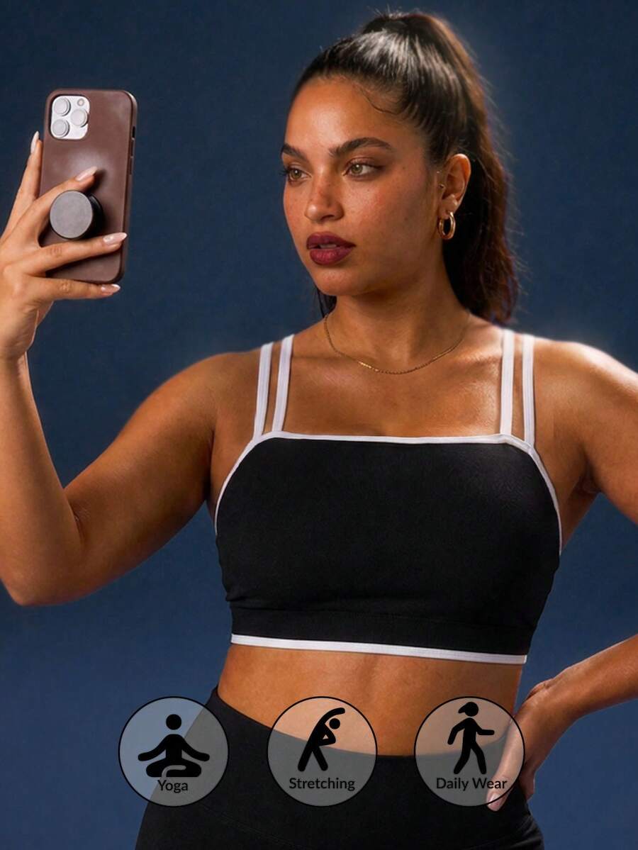 Women's Plus Size Seamless Knit Contrast Color Comfortable Removable Padded Spaghetti Strap Camisole, Suitable For Yoga, Fitness, Daily Wear - Black - View 1