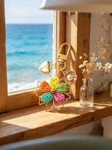 1pc Handmade Raffia Woven Double Layer Flower Hanging Ornament, Zinc Alloy Braided Rope Women's Keychain, Bohemian Vacation Style, Solid Color / Colorful Floral Design, Heart Pearl Decor Bag Charm, Couple Car Key Chain Pendant - Multicolor - View 4