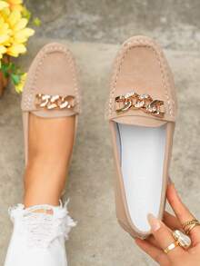 Women's Spring New Gold Chain Elegant Slip-On Loafers, Lightweight Comfortable Versatile Rubber Flat Shoes - Khaki-chain - View 2