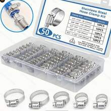 50pcs Stainless Steel Worm Gear Hose Clamps, Adjustable Pipe Clamp Fastener Set, 5 Sizes - American Style Clamp Set - View 2
