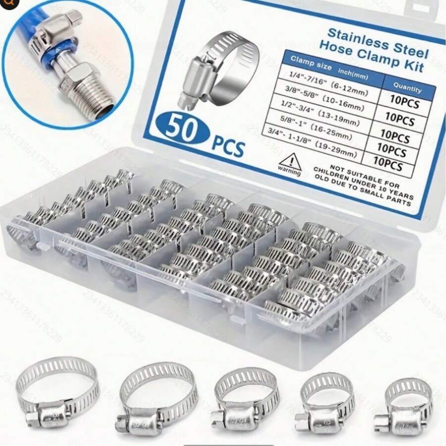 50pcs Stainless Steel Worm Gear Hose Clamps, Adjustable Pipe Clamp Fastener Set, 5 Sizes