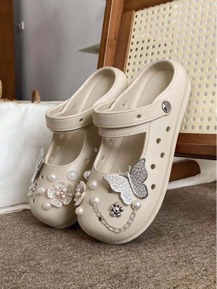2025 Versatile Mary Jane House Slippers, EVA Cute Butterfly Pearl Minimalist Lightweight Slip-On Sandals - Khaki - View 1