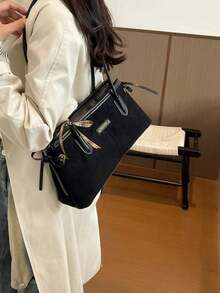 1pc Retro Suede Underarm Shoulder Bag, Plaid Bow Ornament Splicing Faux Leather Strap Daily Commute Ladies Handbag - Black - View 4